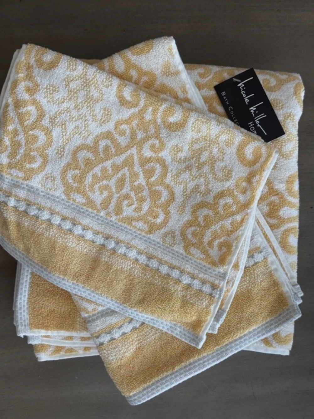 Nicole Miller Home Bath Hand Towel Set Yellow Damask Jacquard Scroll Cotton Spa